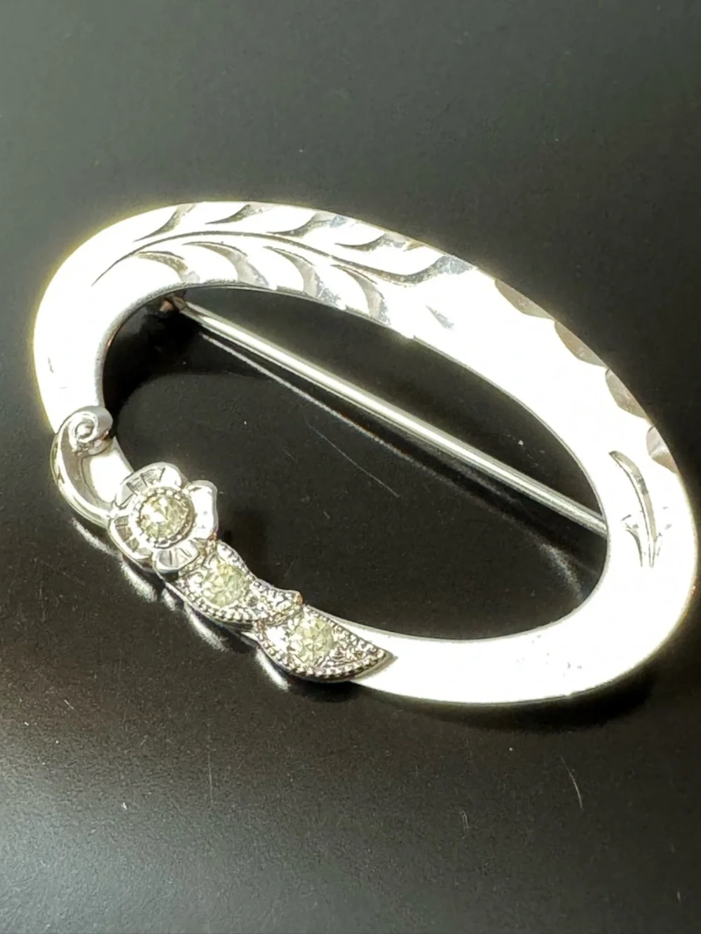 Vintage THEDA Sterling Silver Floral Brooch - Engraved Oval Frame - CZ Accents
